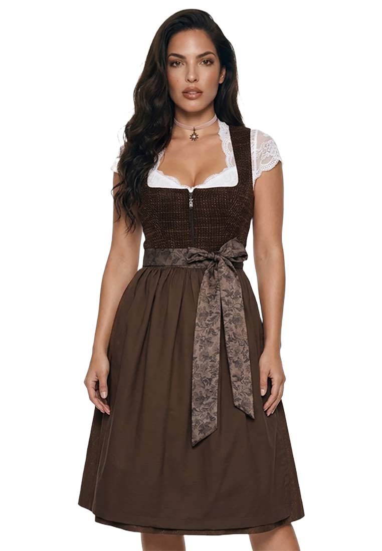 Frontansicht eines MarJo Trachten Dirndls Brunnenthal in Dunkelbraun mit Reißverschluss und gebundenem Schärpe.