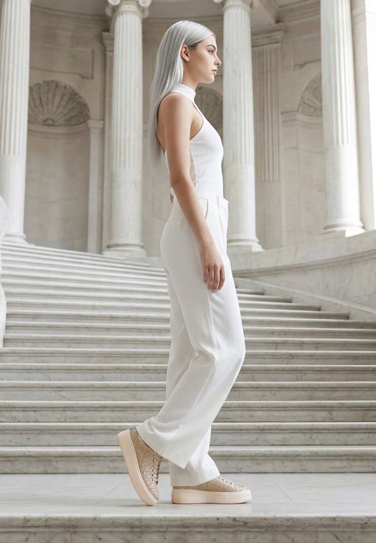 Tamaris Oktoberfest Sneaker in champagnerfarbener Frontansicht mit glitzernder Oberfläche und dicker Sohle.