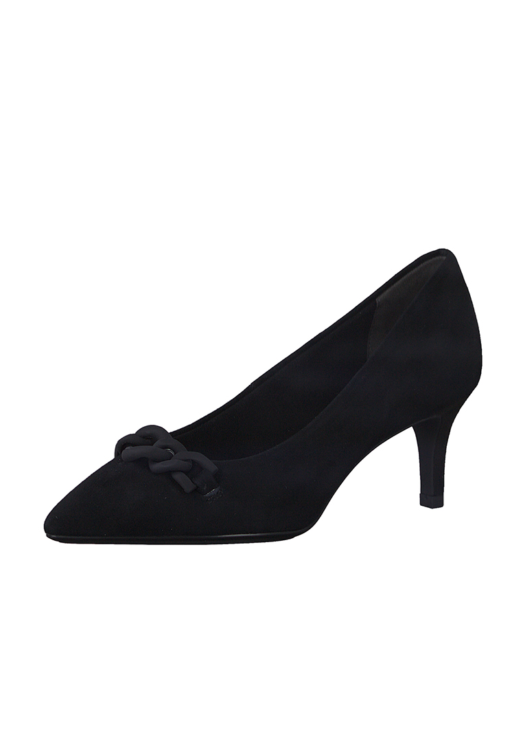Tamaris Pumps in Schwarz, Seitenansicht. Elegante Damenschuhe mit spitzem Zehenbereich und einem dekorativen Element im Vorderbereich.