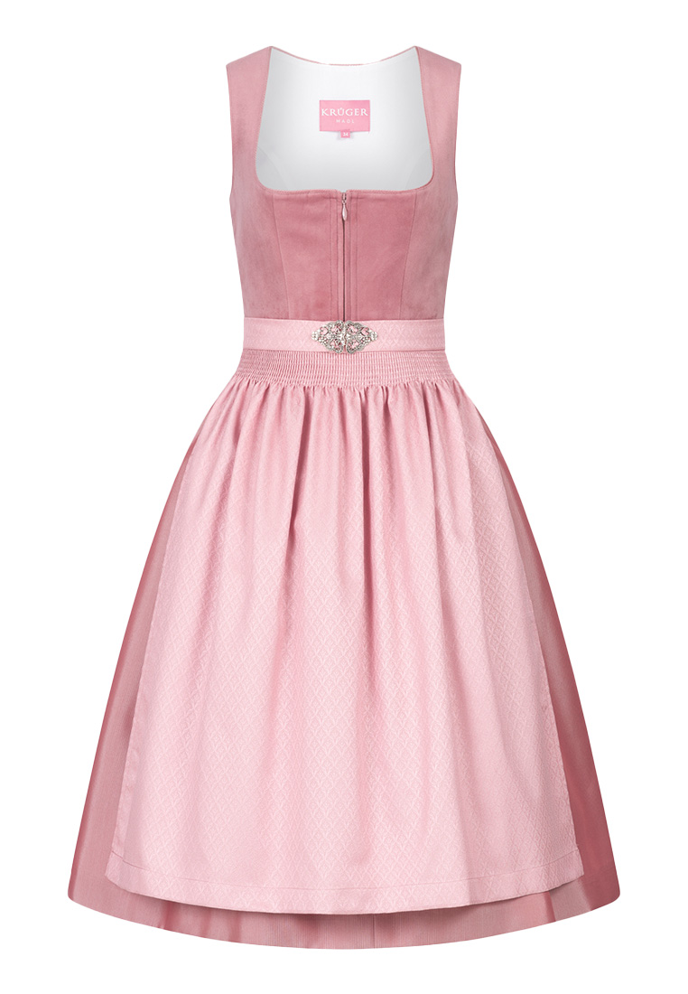 Frontansicht des Dirndls Alisha rosa 60cm von Krüger mit Reißverschluss, schmalem Bund und einem gemusterten Rock.
