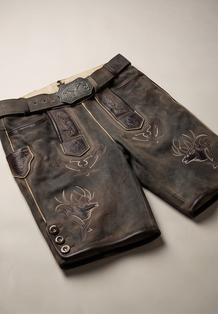 Maddox Lederhose Urgsee coffee, Frontansicht mit Gürtel und aufwendiger Stickerei von Hirschen. Braune Trachtenhose mit seitlichen Knöpfen.