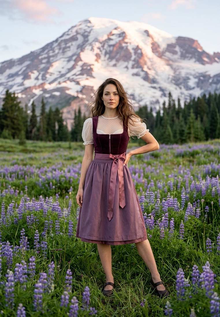 Marjo Dirndl Bidingen 70cm in pflaume, Frontansicht. Das Dirndl hat eine Samt-Miederpartie mit Reißverschluss und eine ausgestellte Rockpartie.