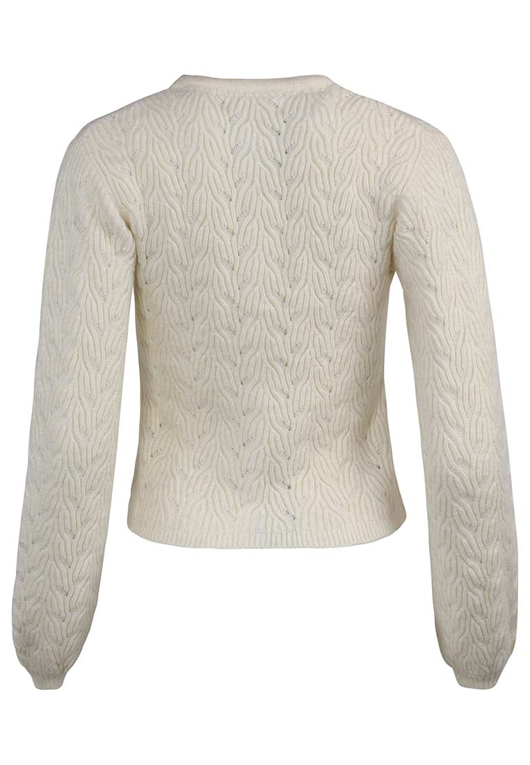 Madame Marie Trachtenstrickjacke Avenara cremeweiss Rückansicht. Hochwertige Strickjacke mit klassischem Zopfmuster in Cremeweiss.