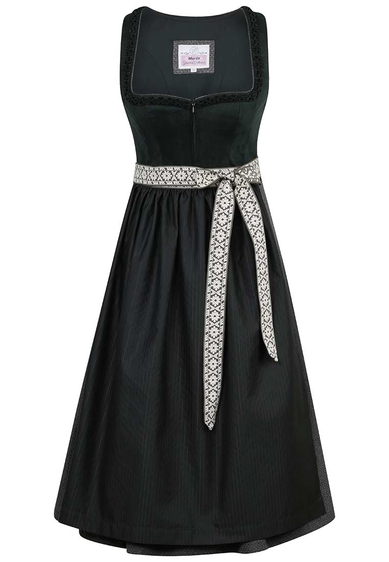 MarJo Trachten Dirndl Reichenfels dunkelgrün 65 cm Frontansicht mit einem breiten, gemusterten Schürzenband.
