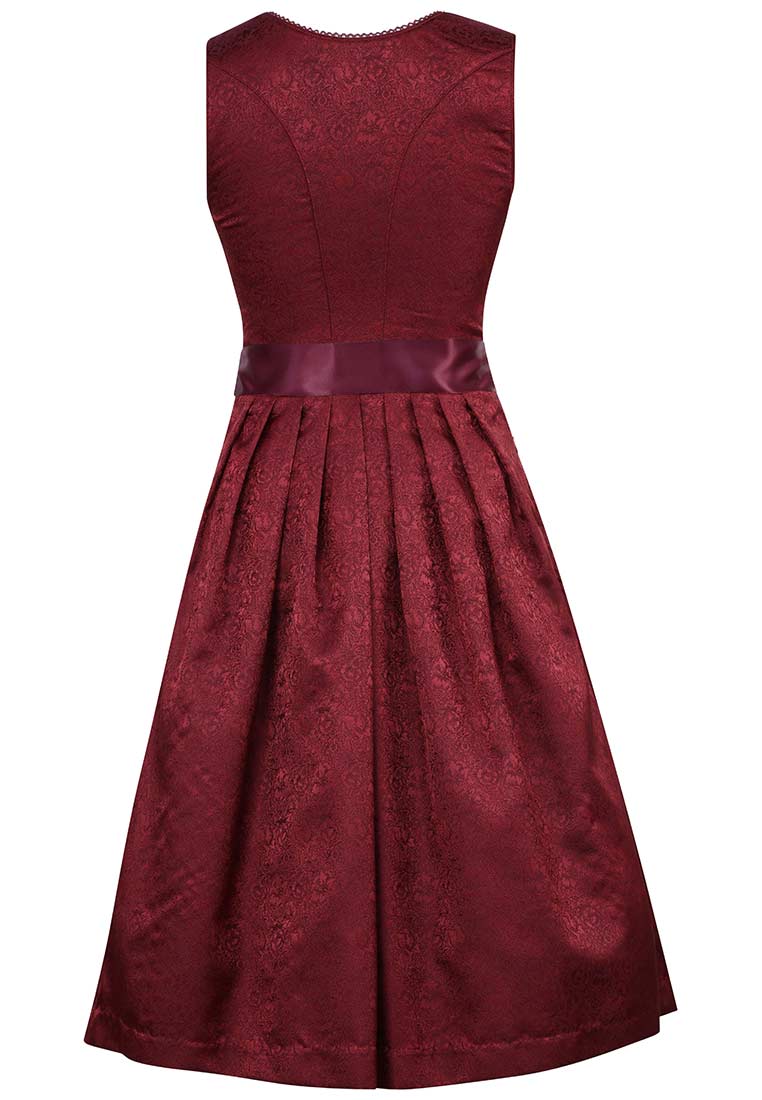 MarJo Trachten Dirndl Perkam chillirot 65cm in Rückansicht. Das elegante Dirndl in tiefrotem Farbton besticht durch seinen gemusterten Stoff und den schmalen Satinbund.
