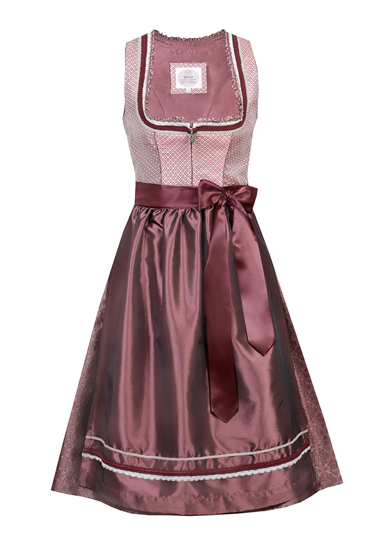 Marjo Dirndl Hailey in Rosé-Ton mit sichtbarem Reißverschluss und Schleife, Frontansicht. Das Dirndl hat ein gemustertes Oberteil und einen glänzenden Rock.