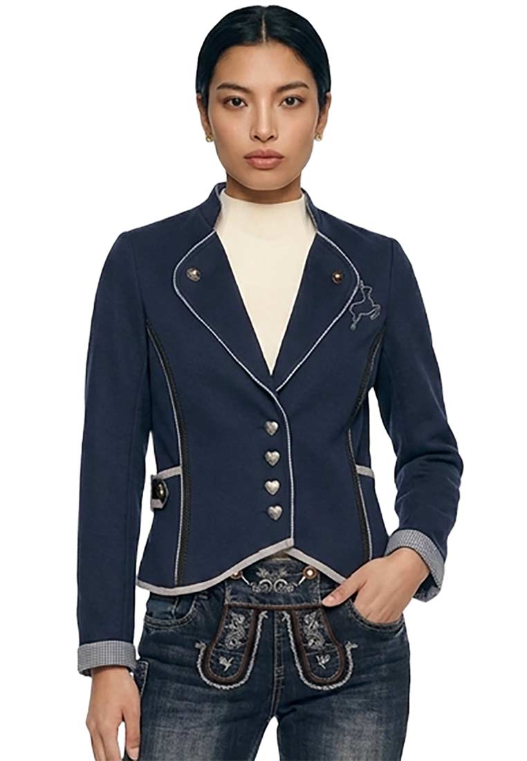 Hangowear Blazerjacke Lara dunkelblau im Frontansicht. Stilvolle Damenjacke in Dunkelblau mit Herzknöpfen und Kontrastpaspeln.