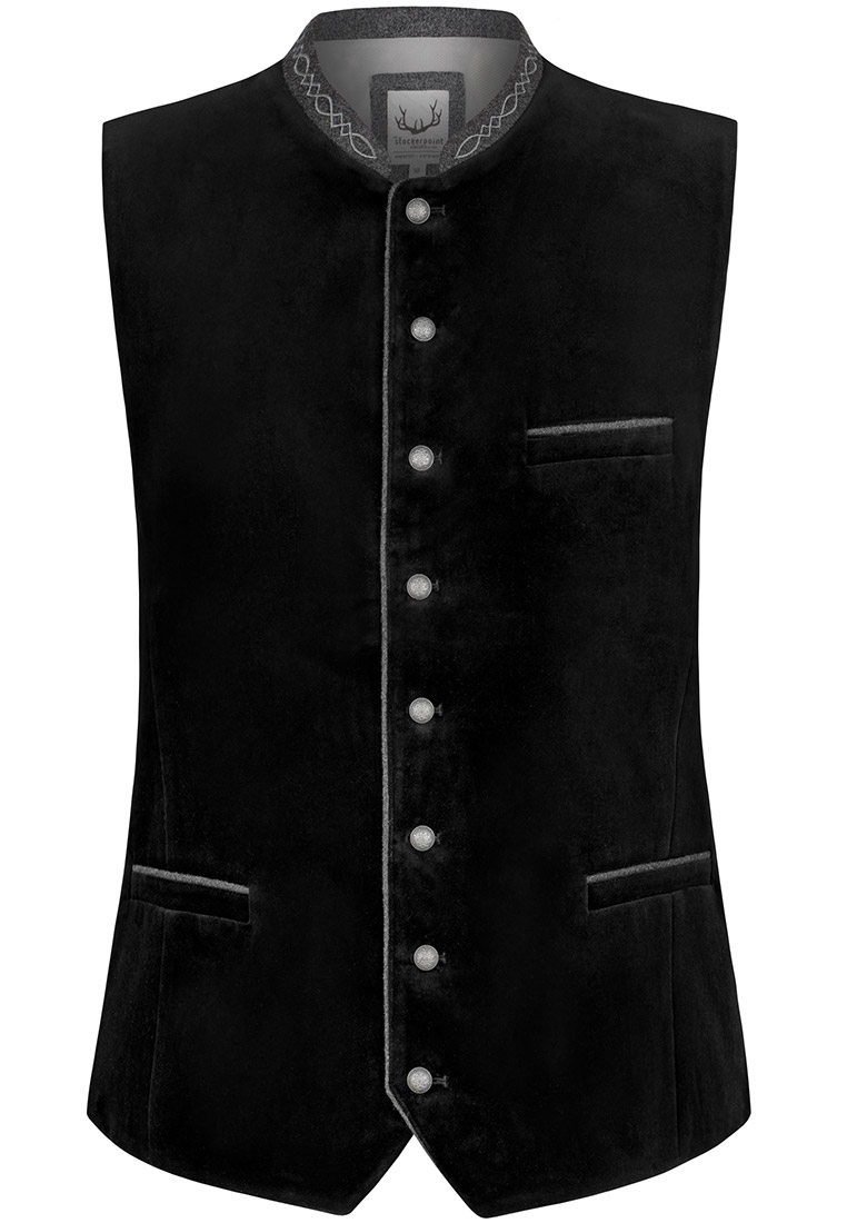Stockerpoint Trachtenweste Lorenzo in Schwarz. Frontansicht einer eleganten schwarzen Weste mit einem durchgehenden Knopfverschluss und zwei Brusttaschen.
