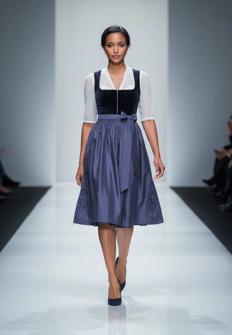 Madame Marie Dirndl Noctuna nachtblau 75cm Frontansicht in Nachtblau. Das elegante Dirndl hat einen Riegelverschluss und eine gebundene Schürze.