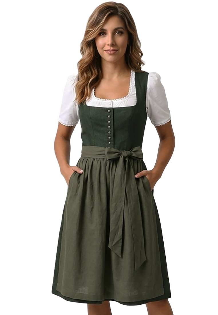 MarJo Trachten Dirndl Vordernberg dunkelgrün 65 cm in Frontansicht, mit zwei aufgesetzten Rocktaschen, Bindegürtel und Manschettenärmeln.