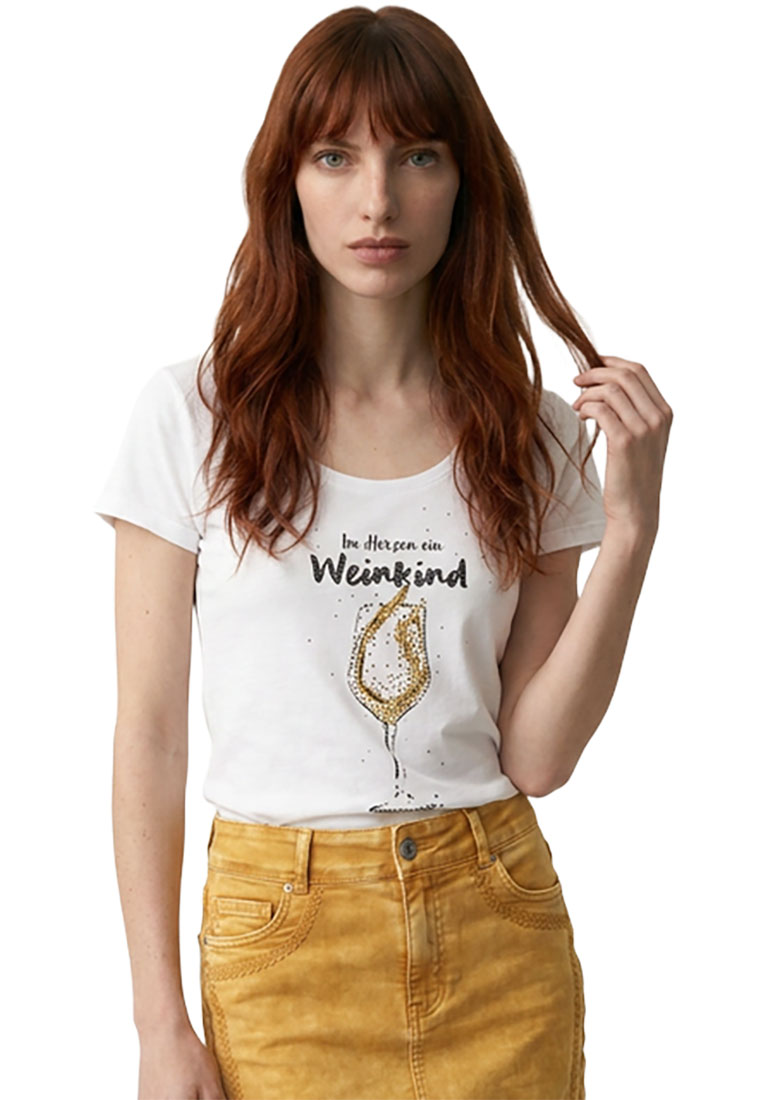Hangowear Damenshirt Weissweinkind in Weiß, Frontansicht, mit Aufdruck eines Weinglases und Schriftzug.