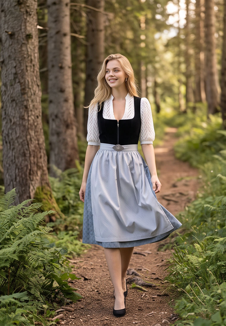 MarJo Trachten Dirndl Grafling marine 65cm: Frontansicht einer Frau in einem blauen Dirndl mit schwarzem Mieder und weißer Bluse, das mit einem Reißverschluss geschlossen wird.
