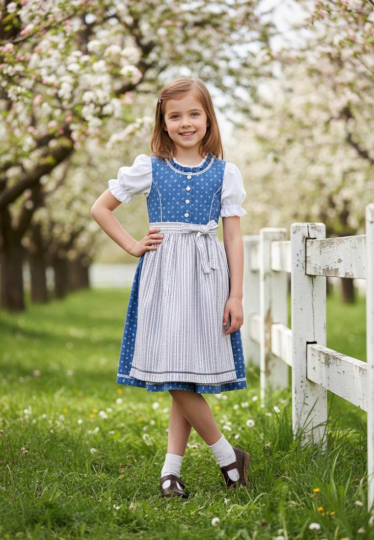 Isar Trachten Kinderdirndl Claire blau in Frontansicht, zeigt das blaue Mieder mit weißem Muster und die weiße Schürze mit vertikalen Streifen.