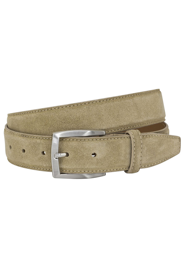 Lindenmann Ledergürtel sand, Frontansicht, mit silberfarbener Dornschließe und mehreren Lochungen