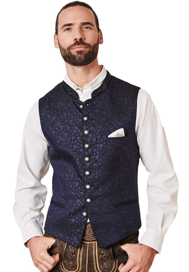 Frontansicht der Krüger Trachtenweste Juanito in Marineblau mit weißem Einstecktuch und Knöpfen, gefertigt aus einem floral gemusterten Stoff.