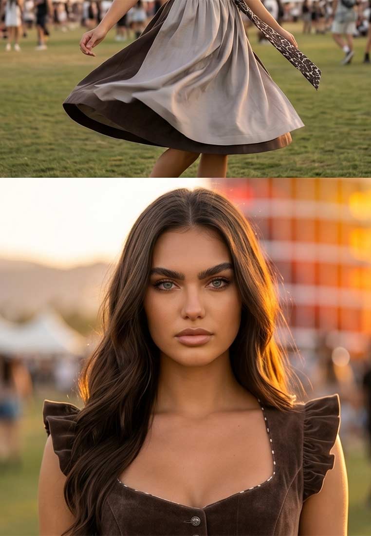 MarJo Trachten Dirndl Leo dunkelbraun 65 cm mit abnehmbaren Flügelärmeln, Frontansicht. Stilvolles Dirndl in dunkelbraun mit hellbraunem Rock und elegantem Ausschnitt.