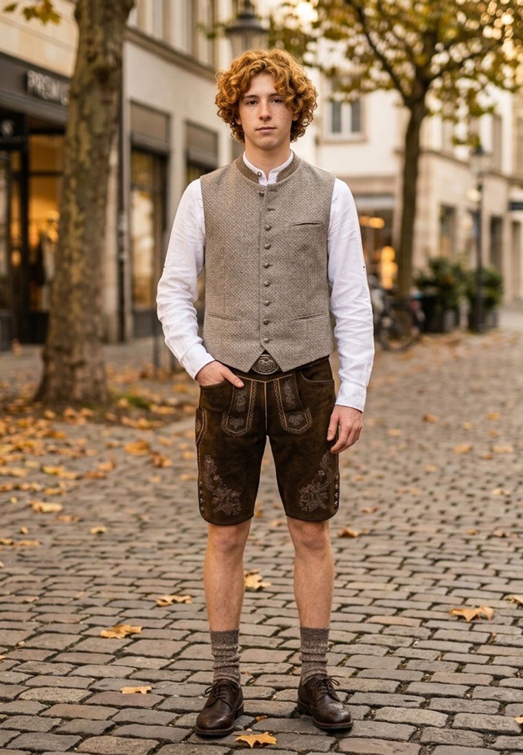 Trachten Deiser Trachtenweste Patrik taupe: Frontansicht einer jungenhaften Weste in taupe, mit Knopfleiste, klassischem Kragen und sichtbaren Taschen.