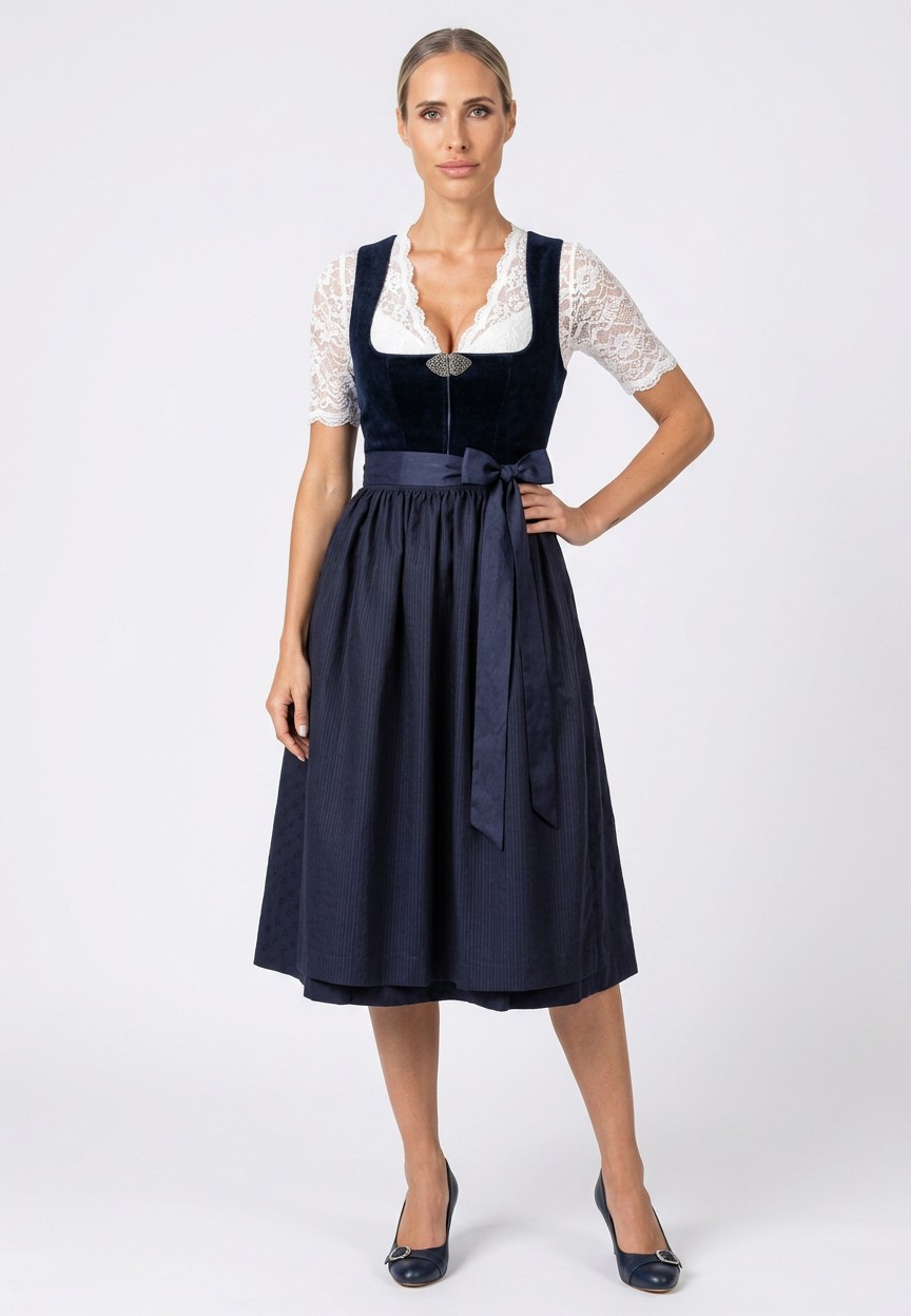 MarJo Trachten Dirndl Mönchsroth marine, Frontansicht eines eleganten Damen-Dirndls in Dunkelblau mit weißer Spitzenbluse und passendem Satinband.