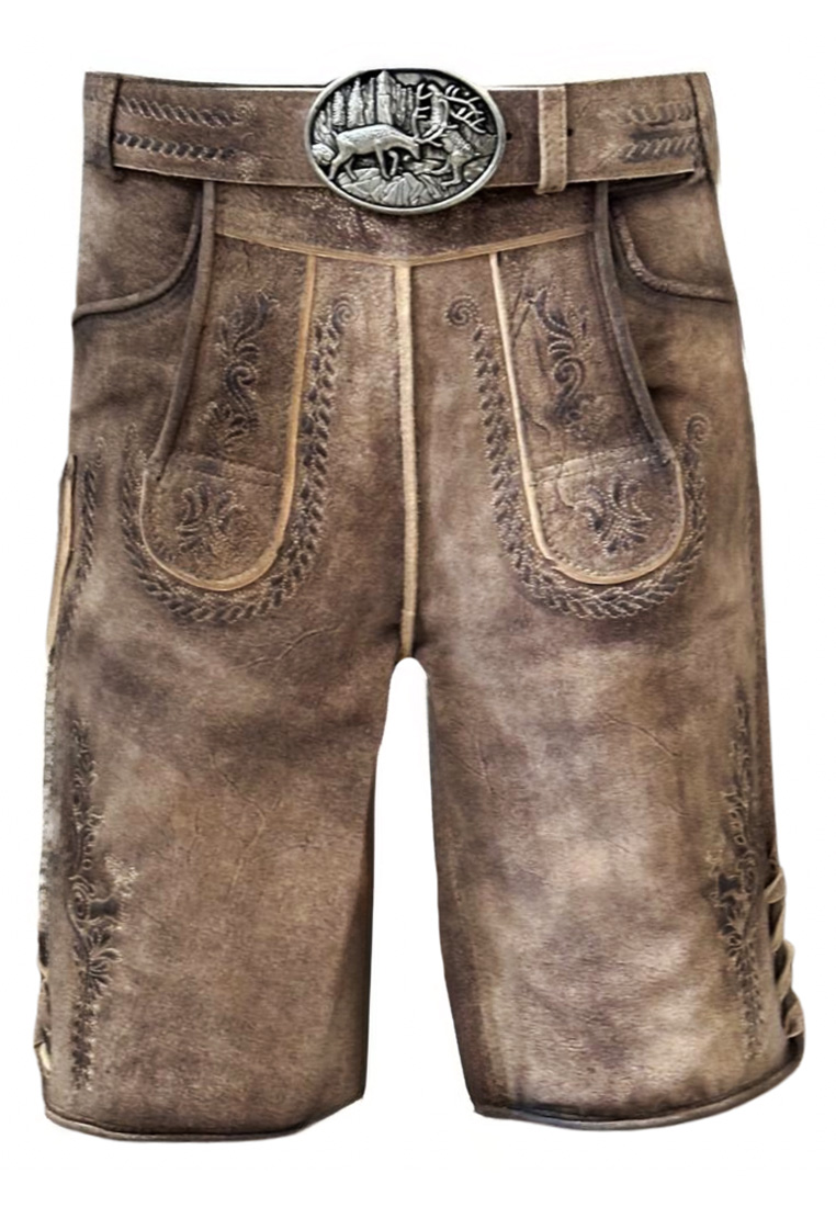 Gams Bock Lederhose Ederer hellbraun: Frontansicht einer hellbraunen Lederhose mit Gürtelschlaufen und einer Hirsch-Schnalle.