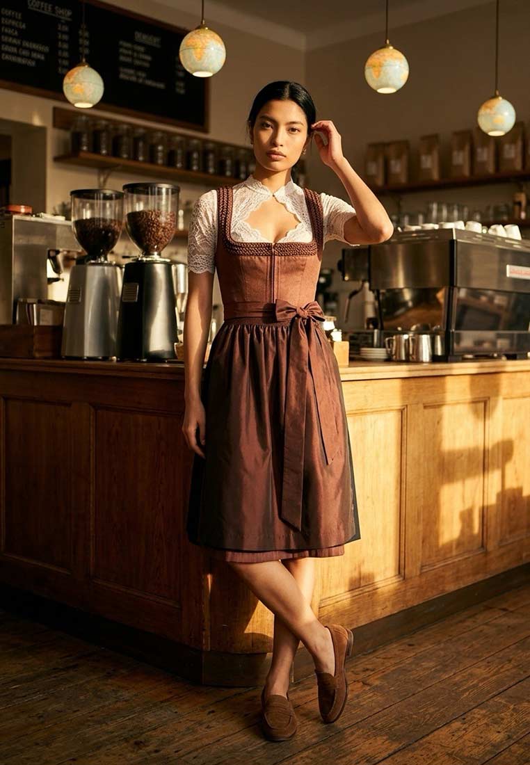 Frontansicht eines Trachten Deiser Dirndl Ria in Bordeaux mit einer weißen Spitzenbluse. Das Dirndl hat eine Schnürung und eine Schleife in der Taille.