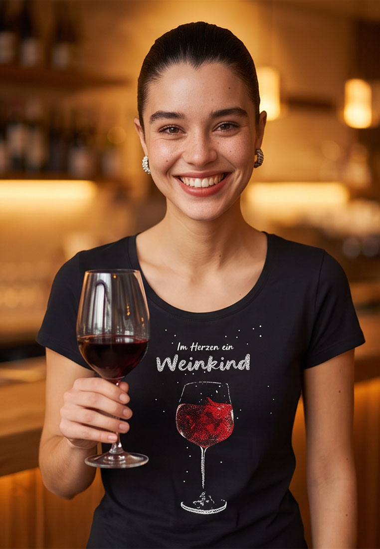 Hangowear T-Shirt Weinkind schwarz: Frontansicht eines schwarzen T-Shirts mit einem stilvollen Motiv eines Weinglases und funkelndem Schriftzug. Hochwertiges Design für Weinliebhaber.