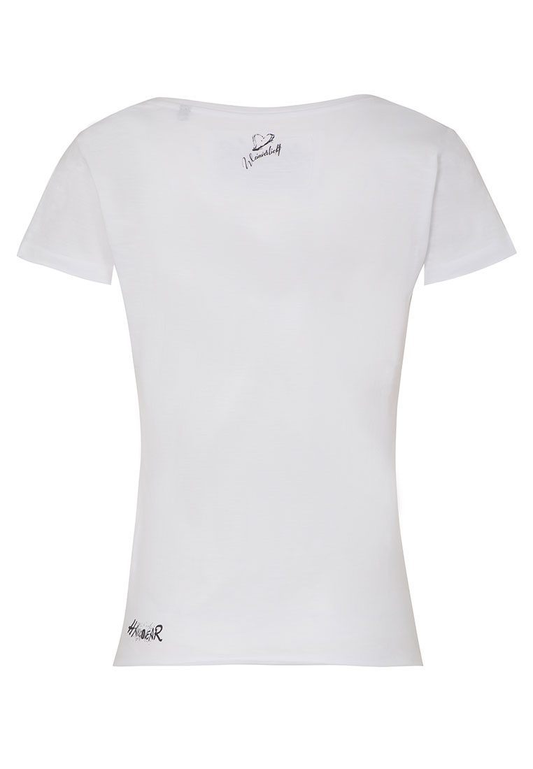 Rückansicht eines weißen Hangowear Damenshirts Weissweinkind mit kurzem Ärmel und kleinem Aufdruck im Nackenbereich.