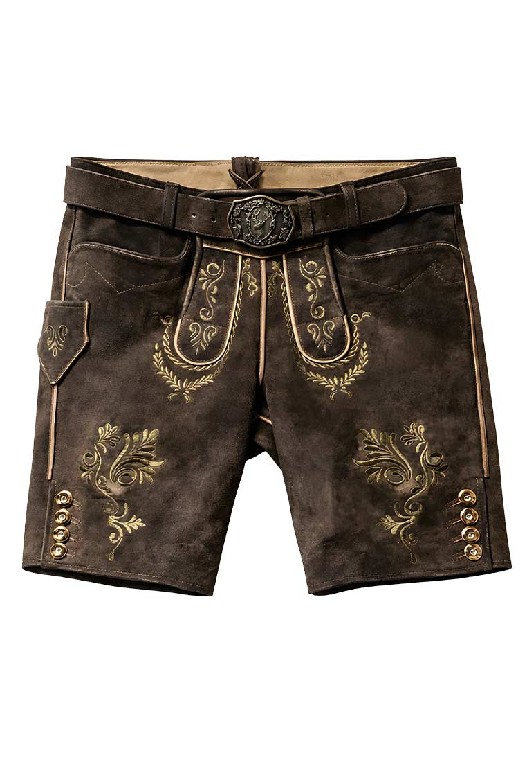 Maddox Lederhose Bregenz kiefer in braun, Frontansicht, mit Gürtelschlaufen und seitlichen Knöpfen.