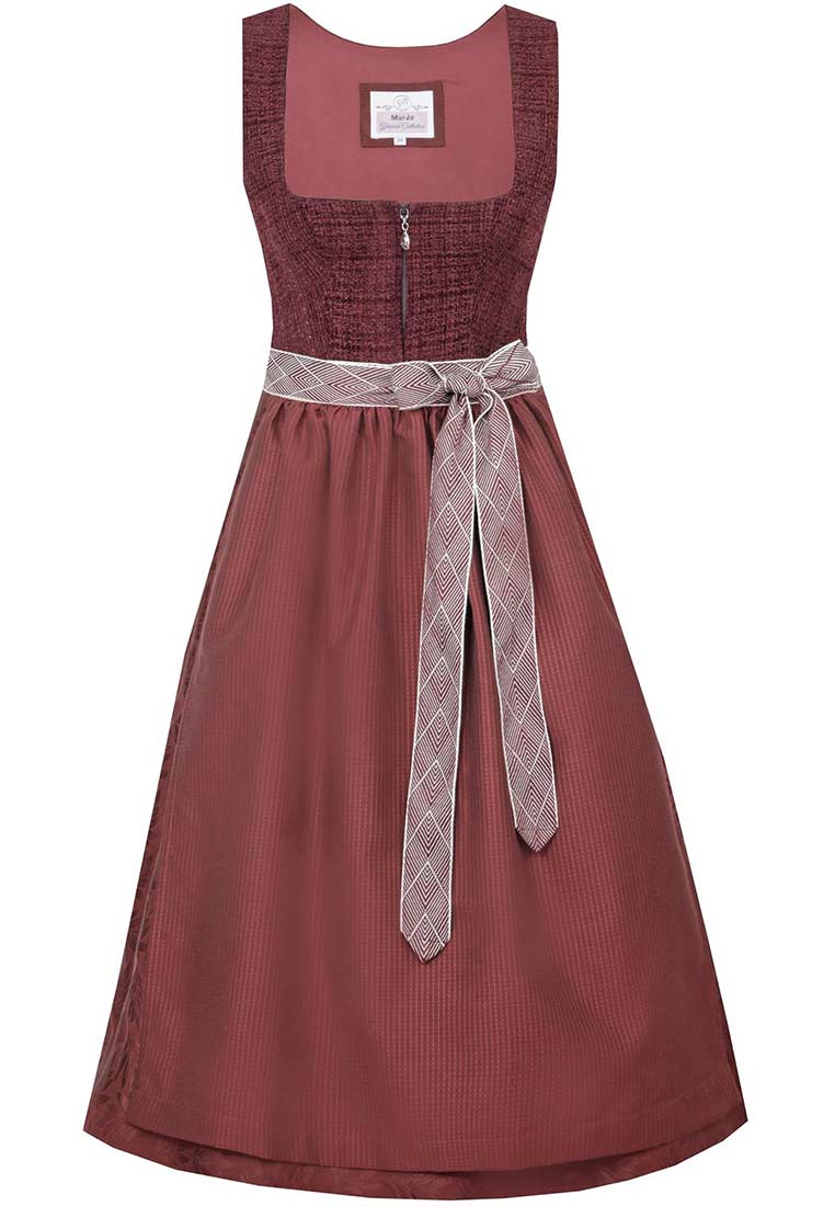 MarJo Trachten Dirndl Röthlein bordeaux 70cm in Frontansicht mit Reissverschluss vorne und Schürzenband mit Muster.