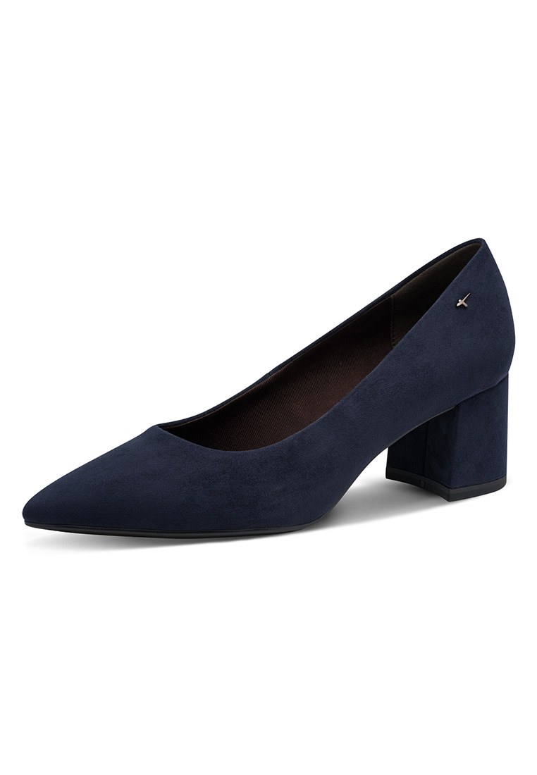 Tamaris Pumps Monique dunkelblau – elegante Damen Pumps aus dunkelblauem Veloursleder mit spitzer Form und Blockabsatz in der Seitenansicht.