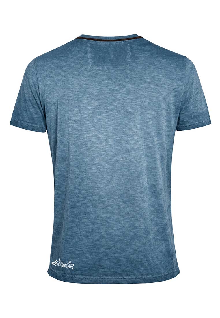 Hangowear Herren Trachtenshirt Waschbärbauch blau, Rückansicht eines blauen T-Shirts mit Rundhalsausschnitt und einem stilvollen Schriftzug am unteren Saum.