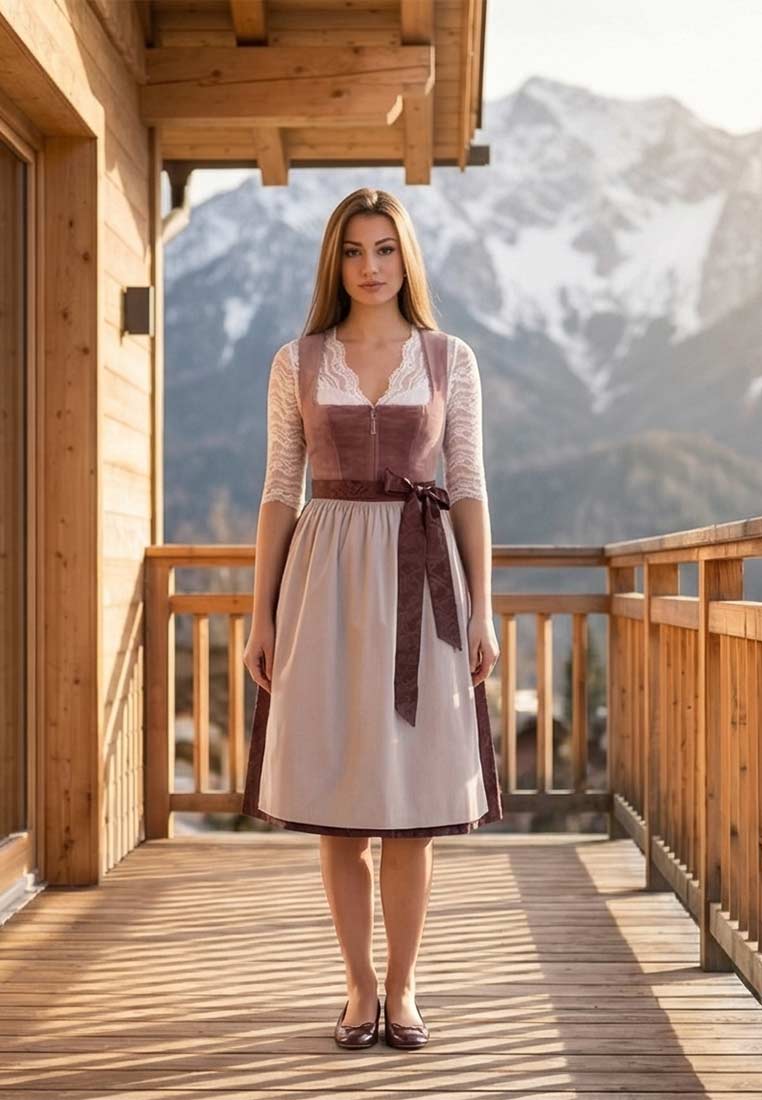 Marjo Dirndl Irsee mauve, Frontansicht eines eleganten Dirndls in Mauve mit einem hellen Rock und einem farblich passenden Schnürband.