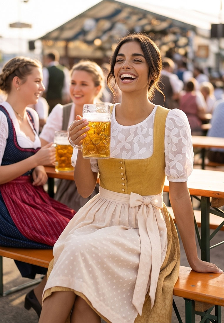 MarJo Trachten Dirndl Wolfersdorf safrangelb 65 cm Frontansicht mit einem geblümten Stoff und Knopfleiste.