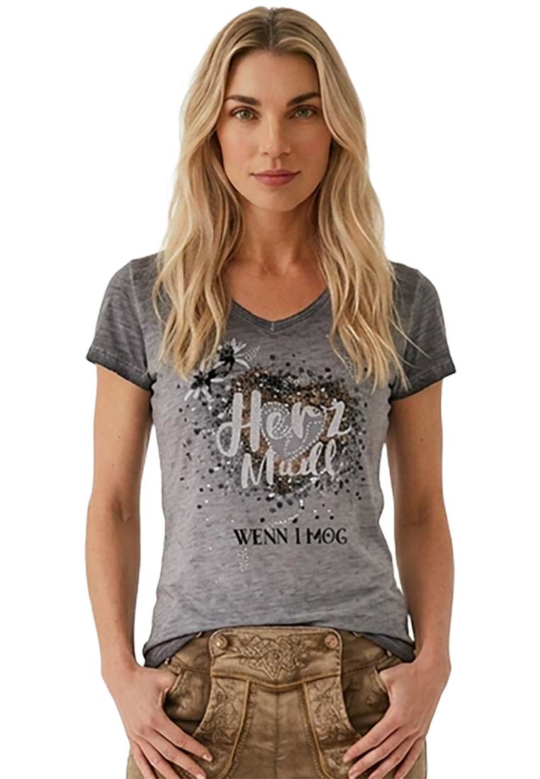 Hangowear Damentrachtenshirt Dottie grau: Frontansicht eines stilvollen grauen T-Shirts mit V-Ausschnitt und modischem Print.