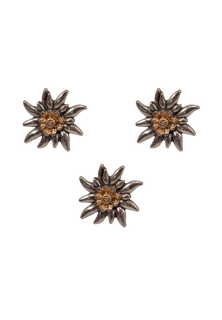 Drei Alpenflüstern Ansteck Pins Edelweiss mini in silberfarbener Ausführung mit goldfarbenem Zentrum, Nahaufnahme.
