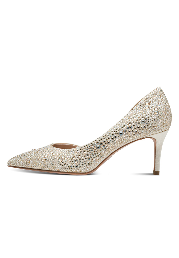 Tamaris Dirndl Pumps Pearl Glam in hellem Beige, Seitenansicht, komplett mit Strass besetzt, spitzer Zehenpartie und schlankem Absatz.