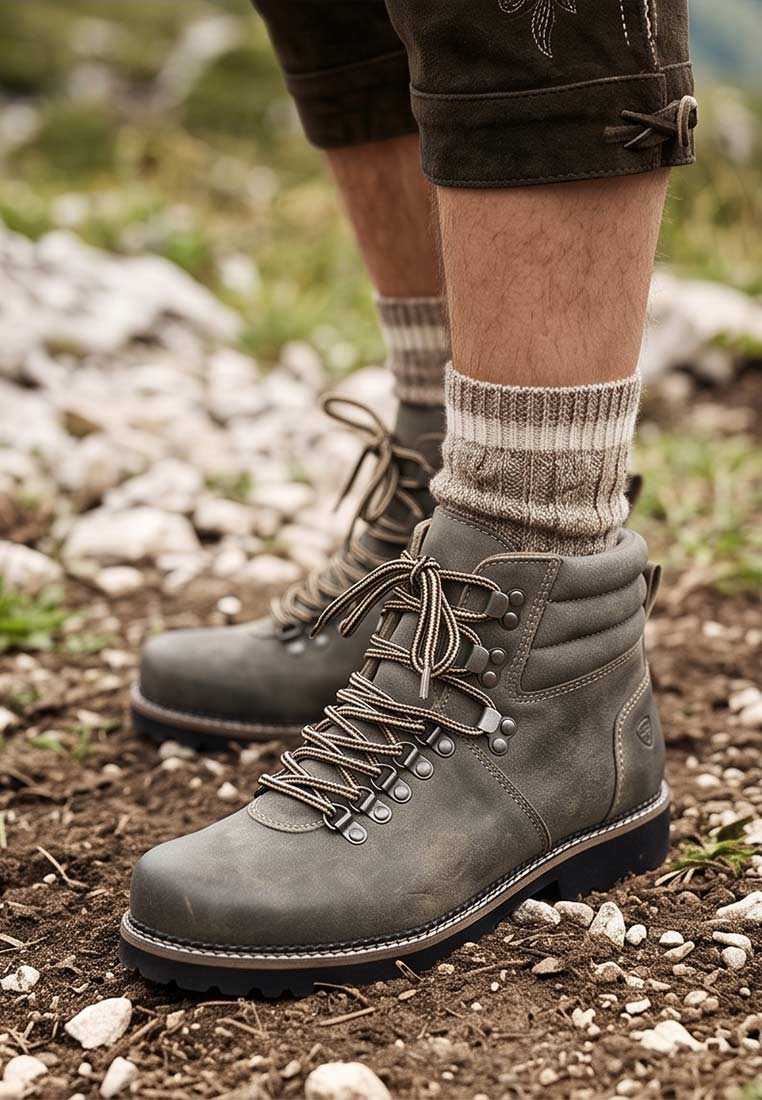 MeiSchua Trachtenboots Bill in Braun, Frontansicht mit Schnürung und metallenen Ösen, detailreiche Stiefel für den Herren.