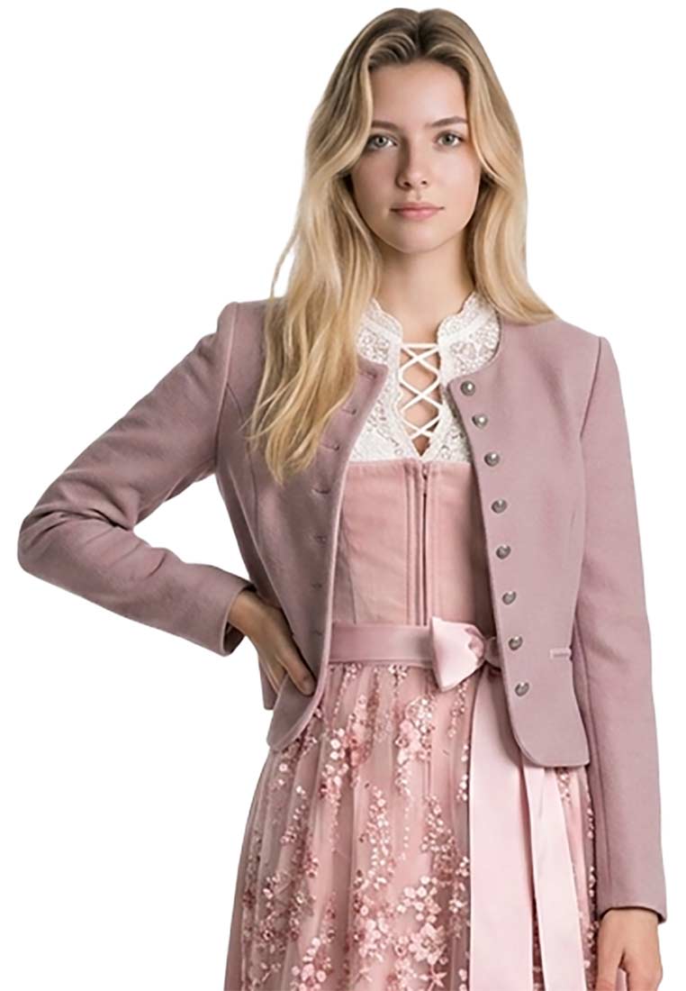 Marjo Trachtenjacke Britta rosa, Frontansicht einer kurz geschnittenen Jacke mit Knopfleiste und Rundhalsausschnitt in Rosa.
