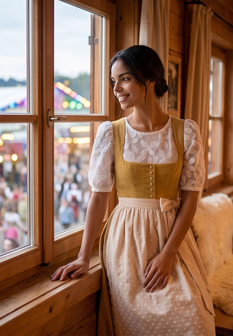 MarJo Trachten Dirndl Wolfersdorf in Safrangelb, Frontansicht. Das Dirndl ist aus hellem Stoff gefertigt und mit einem gelben Mieder mit Knöpfen versehen.