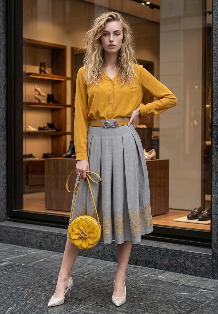 Frontansicht einer Frau in einer senfgelben byoung Trachtenbluse Aline und einem grauen Faltenrock mit goldener Stickerei am Saum. Die Bluse ist geknöpft und hat lange Ärmel.