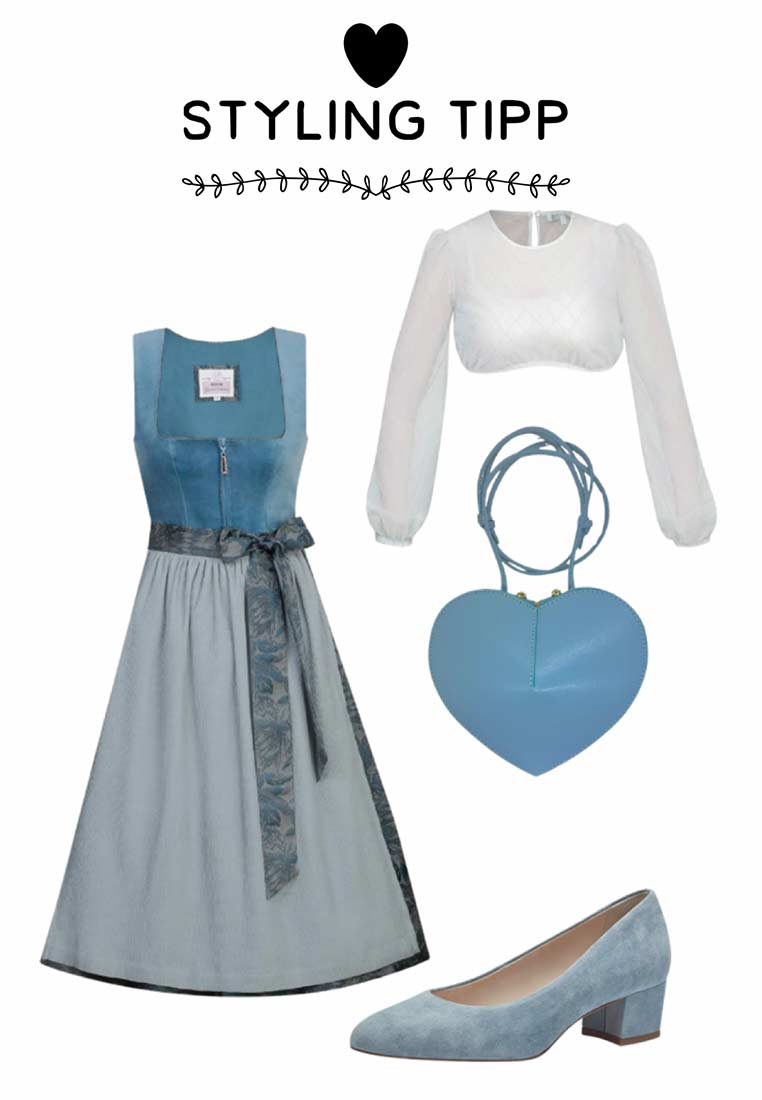 Frontansicht des Dirndls Irsee cloud von Marjo in Hellblau mit Reißverschluss vorne und besticktem Schürzenband. Das Kleid ist aus hochwertigem Stoff gefertigt.