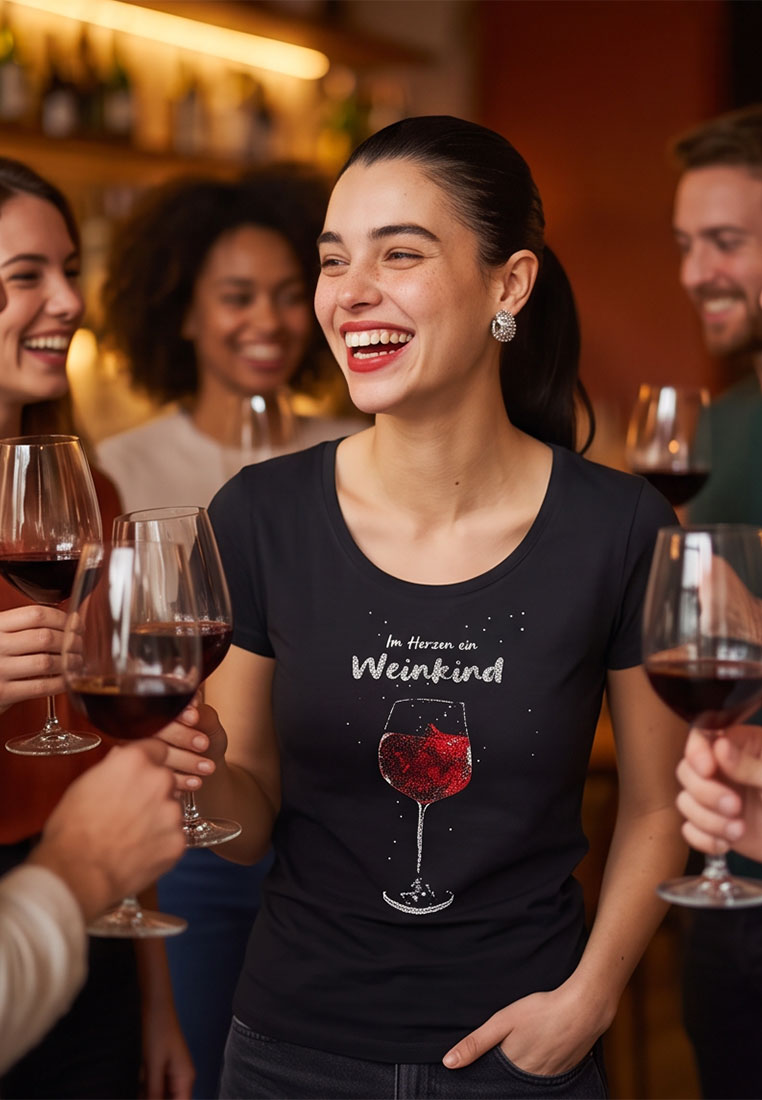 Hangowear T-Shirt Weinkind schwarz, Frontansicht des Damen-T-Shirts mit grafischem Print und Rundhalsausschnitt, getragen von einer jungen Frau.