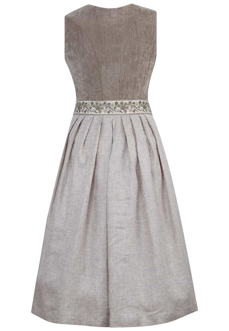 Rückansicht eines taupefarbenen Marjo Dirndl Leopoldsdorf 65 cm mit schmalem Blumenbund und Faltenrock.