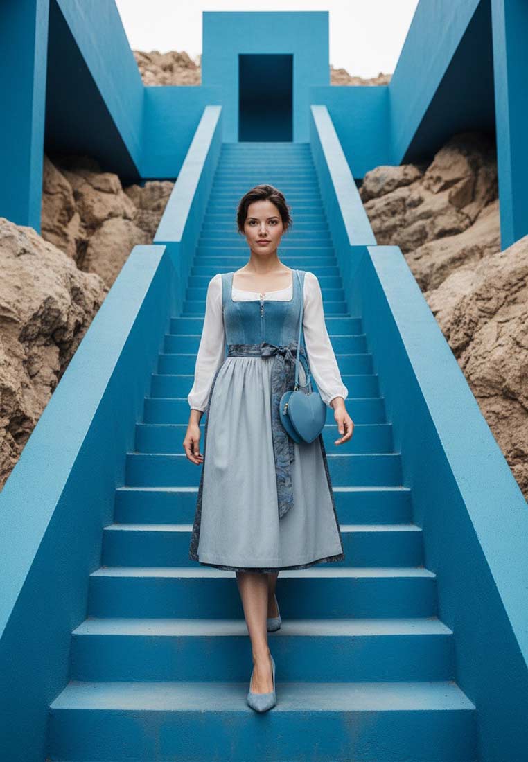 Marjo Dirndl Irsee cloud 75 cm in Hellblau, Frontansicht. Das stilvolle Dirndl mit Schürze ist Teil eines vollständigen Outfits.